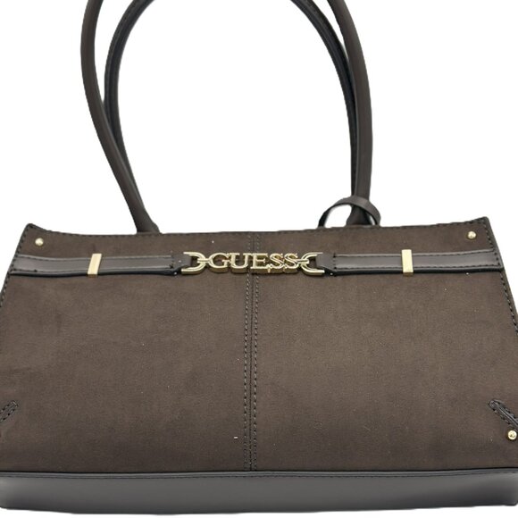 Guess Brown Faux Suede Structured Tote Bag with Gold Logo Accent - Picture 1 of 4